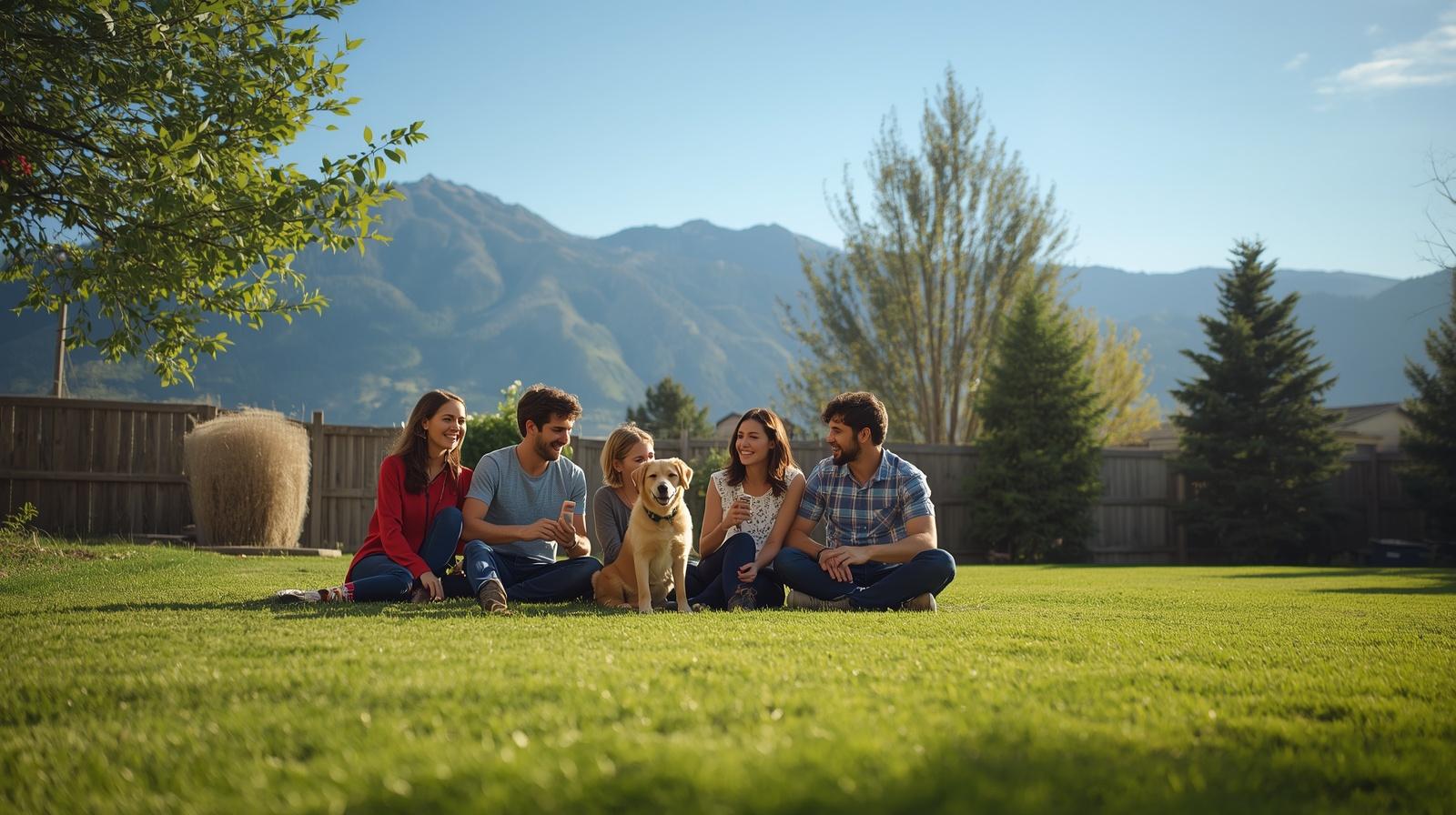 family with dog in backyard